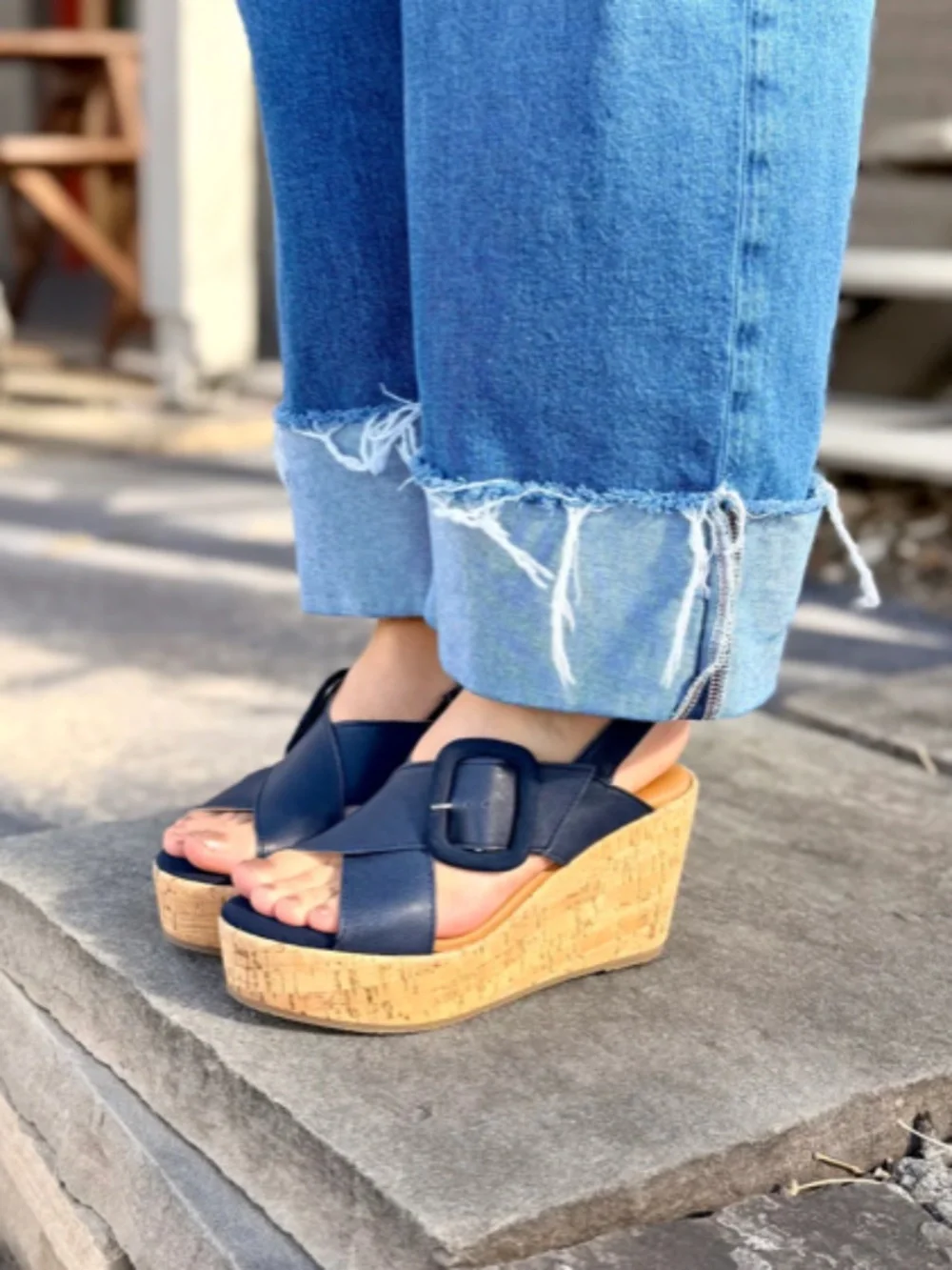 Cordani Dustin Cork Buckle Wedge in Navy